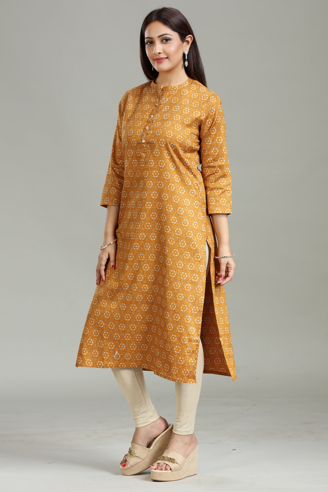 Mustard Roman Silk Straight Printed Kurta