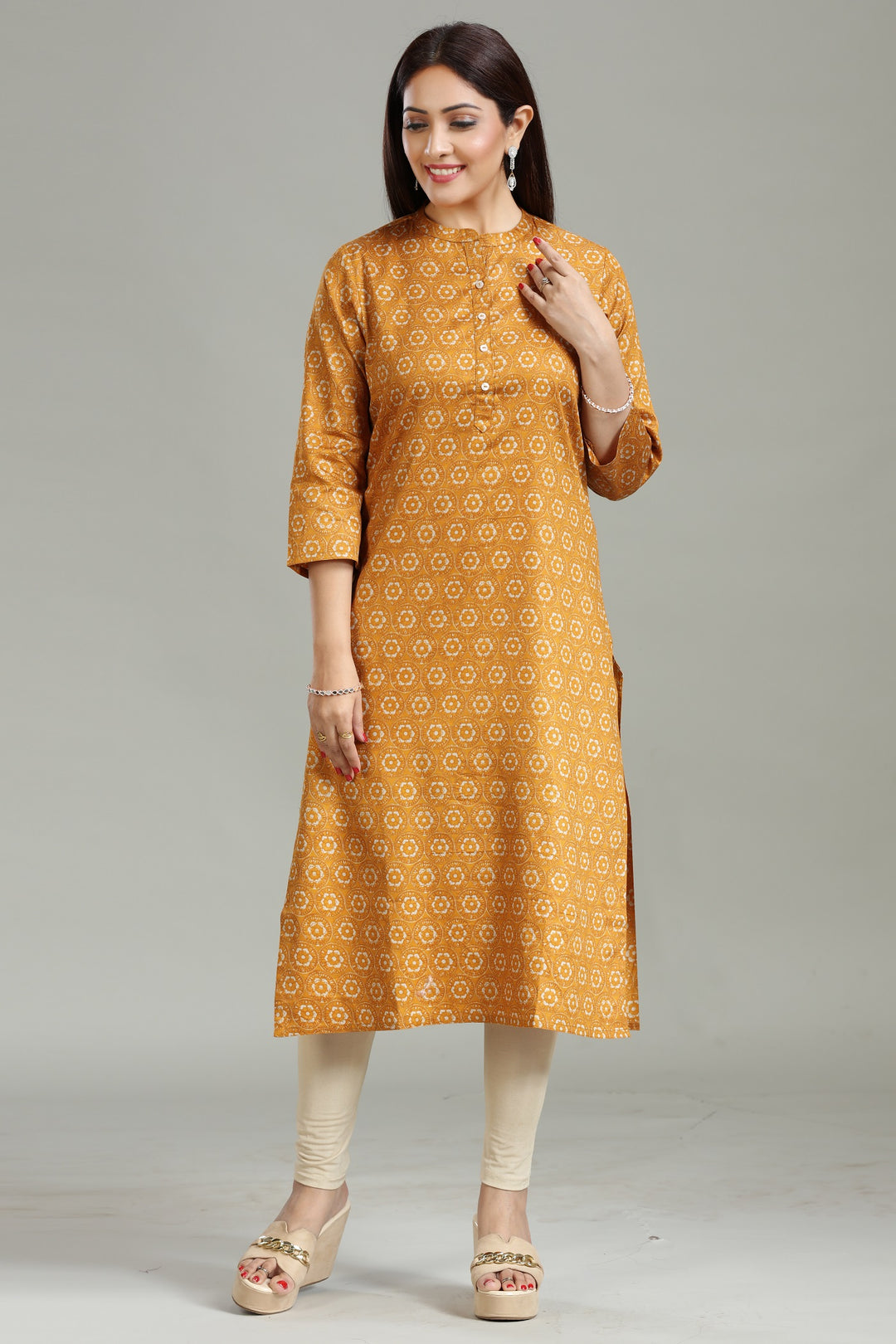 Mustard Roman Silk Straight Printed Kurta