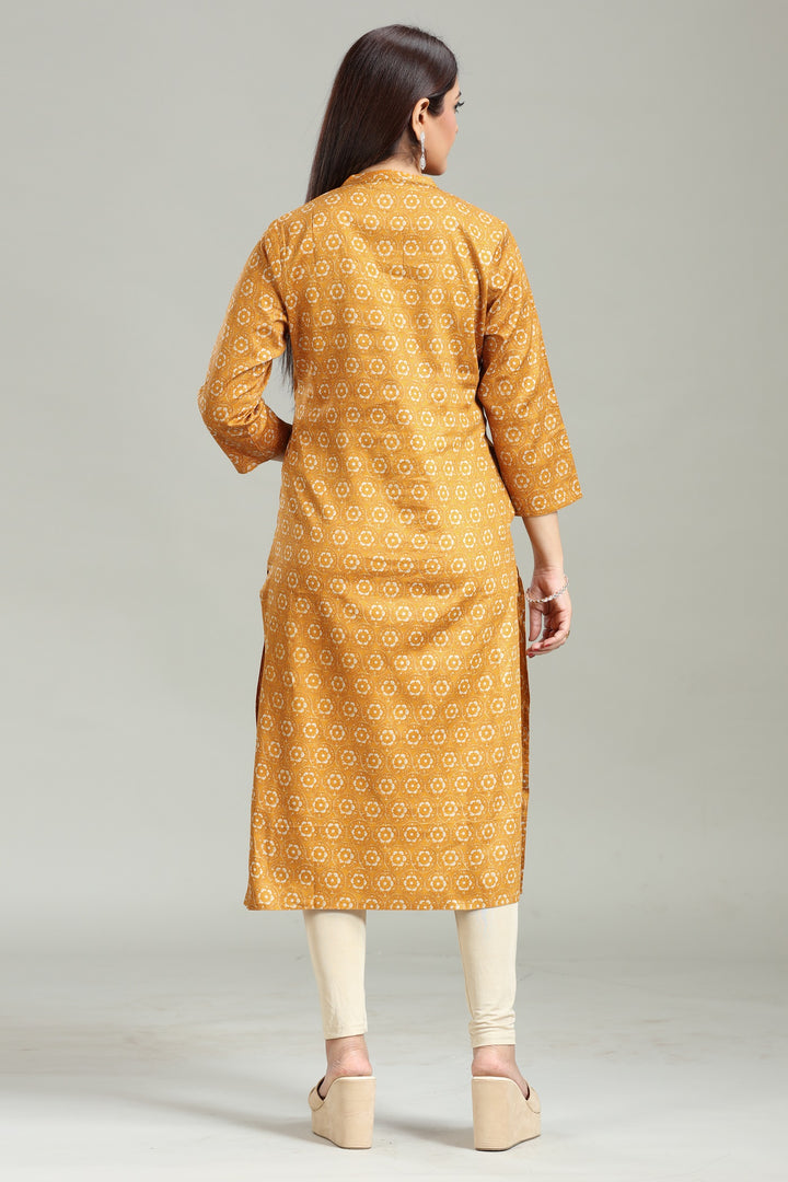 Mustard Roman Silk Straight Printed Kurta