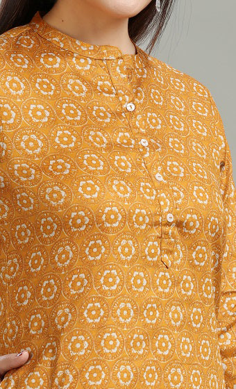 Mustard Roman Silk Straight Printed Kurta