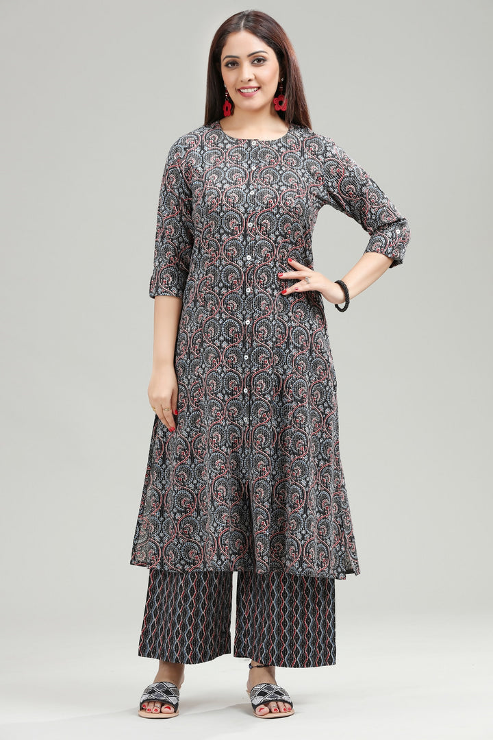 Black Jaipuri Cotton A Line Printed Kurta