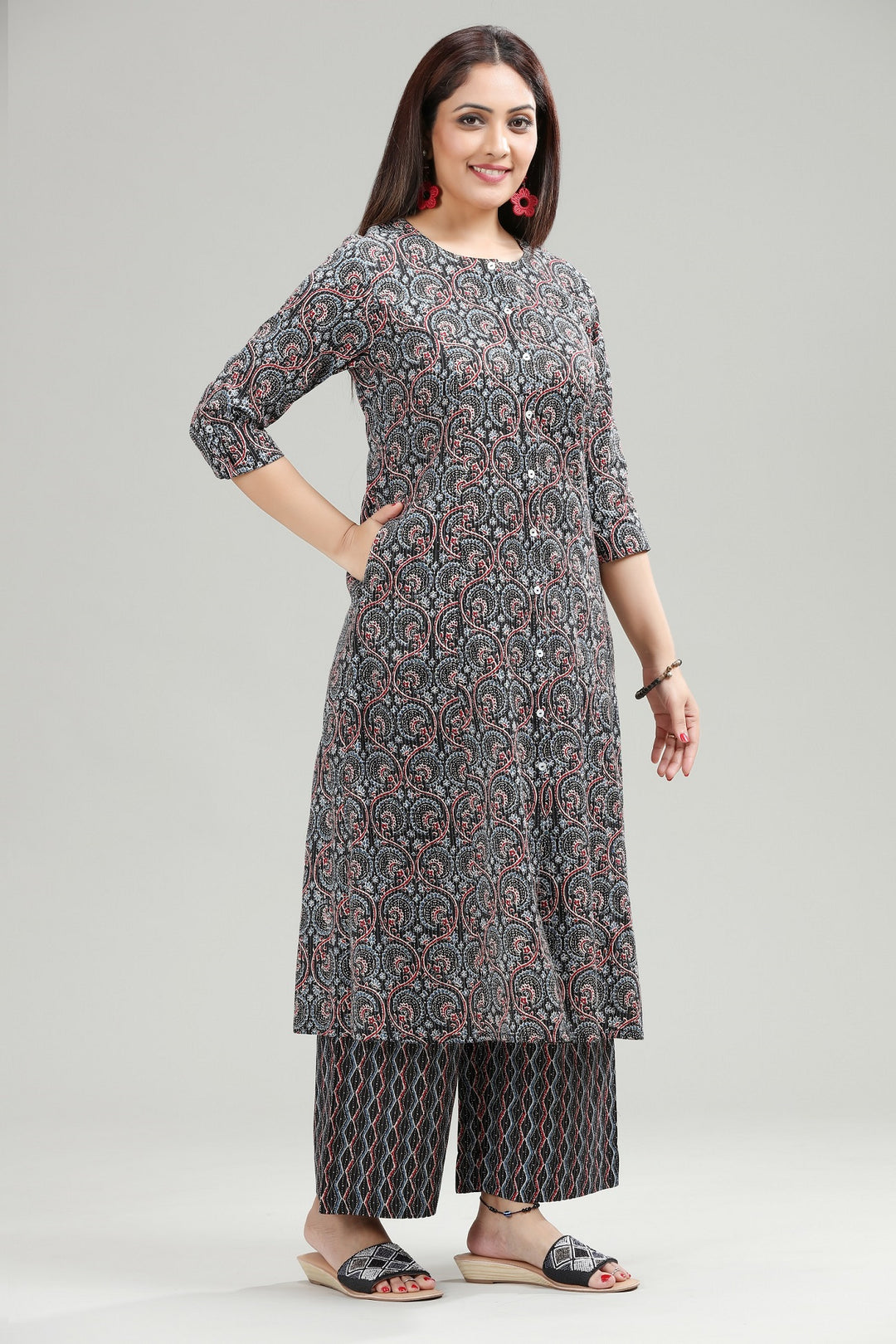 Black Jaipuri Cotton A Line Printed Kurta