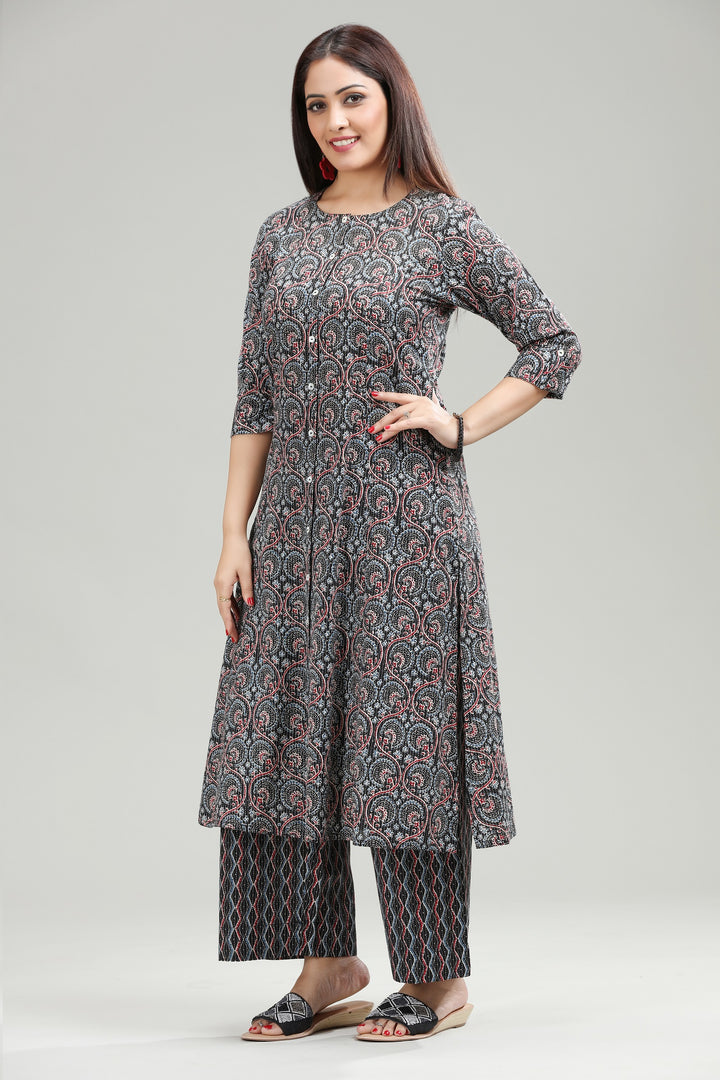 Black Jaipuri Cotton A Line Printed Kurta