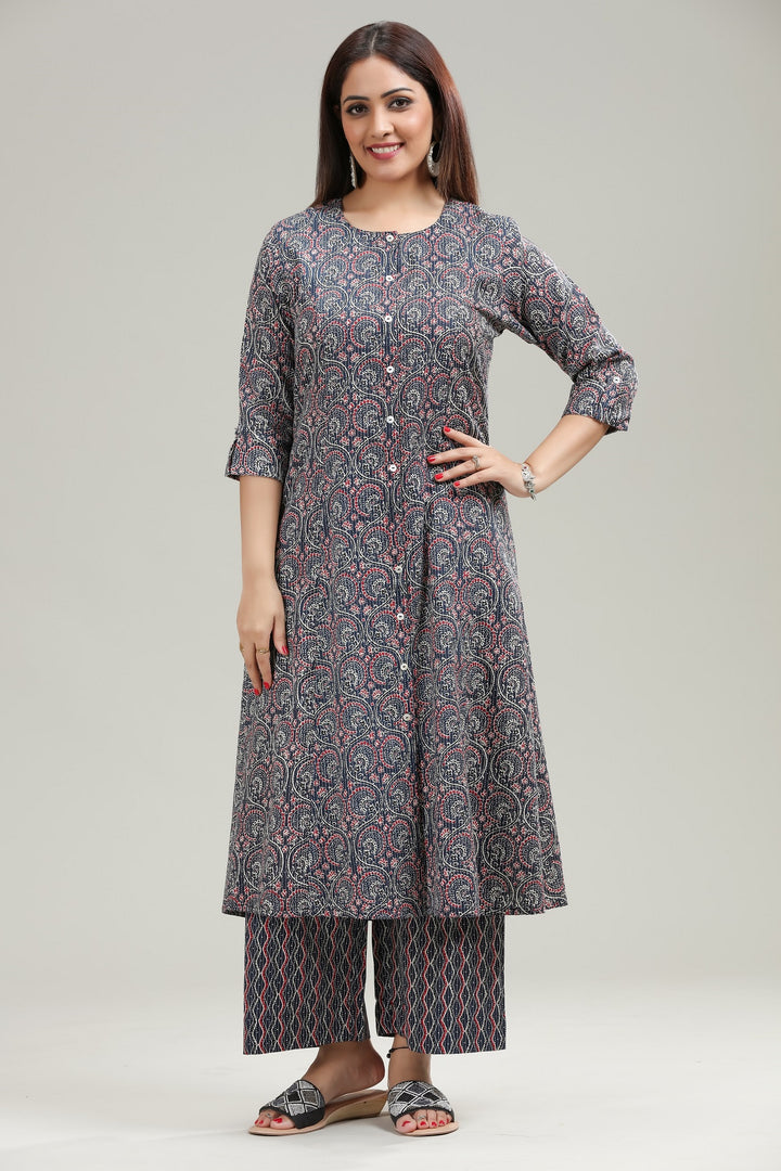 Navy Blue Jaipuri Cotton A Line Printed Kurta