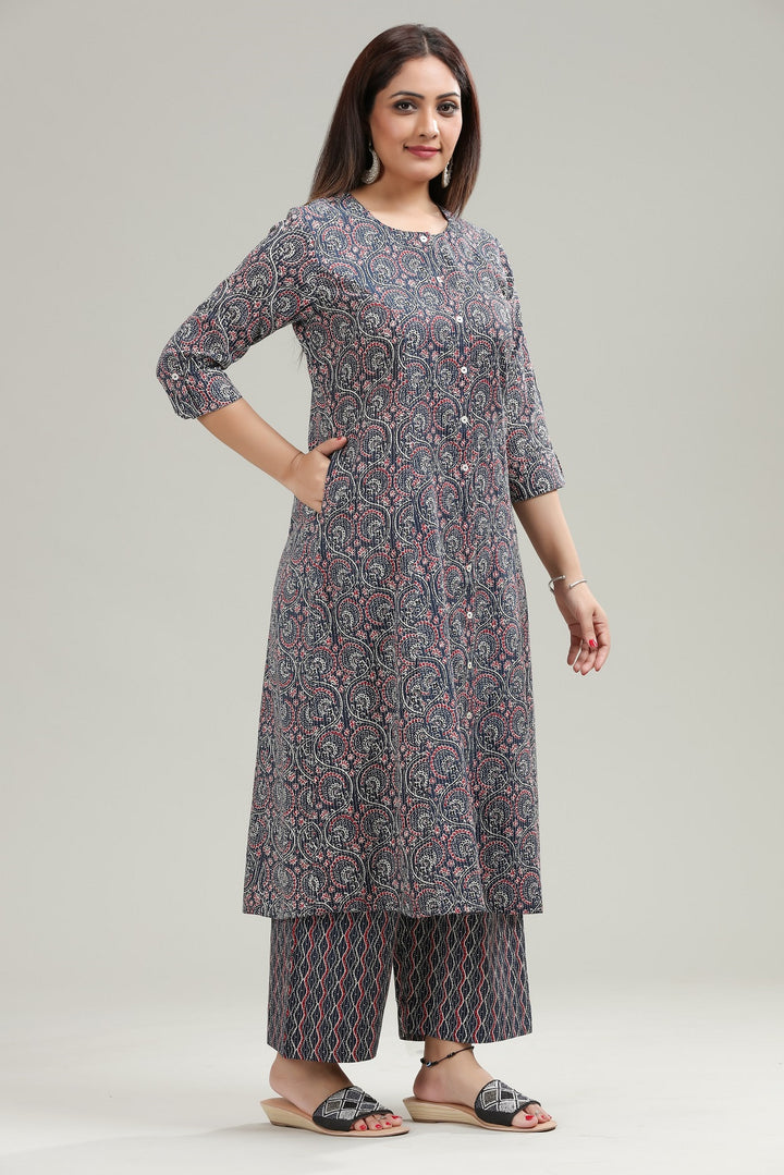 Navy Blue Jaipuri Cotton A Line Printed Kurta