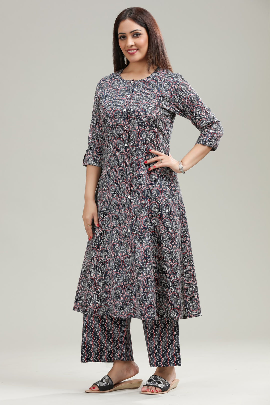 Navy Blue Jaipuri Cotton A Line Printed Kurta