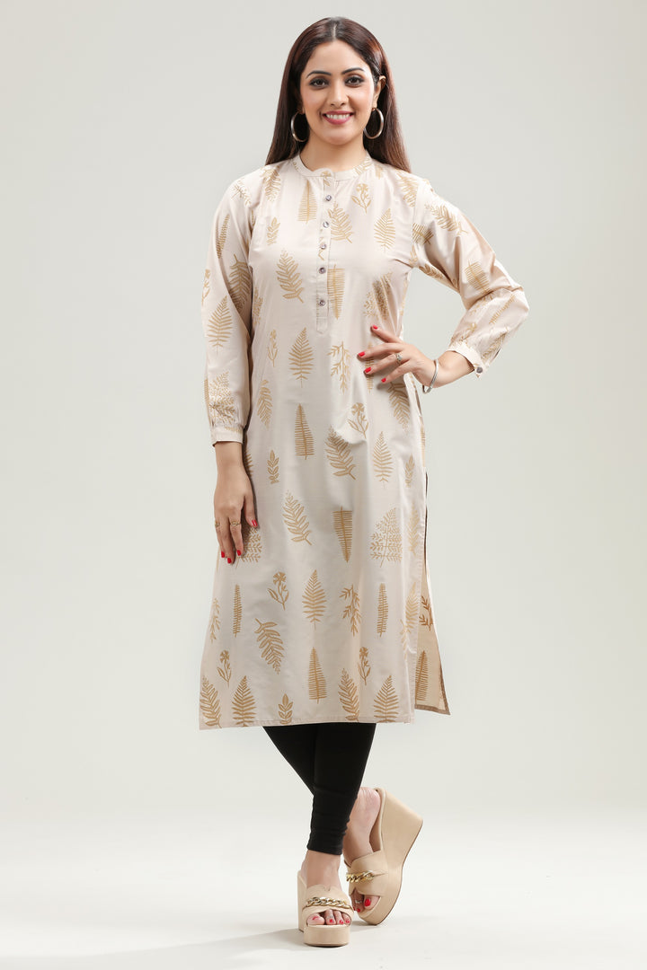 Off White PolySIlk Straight Printed Kurta