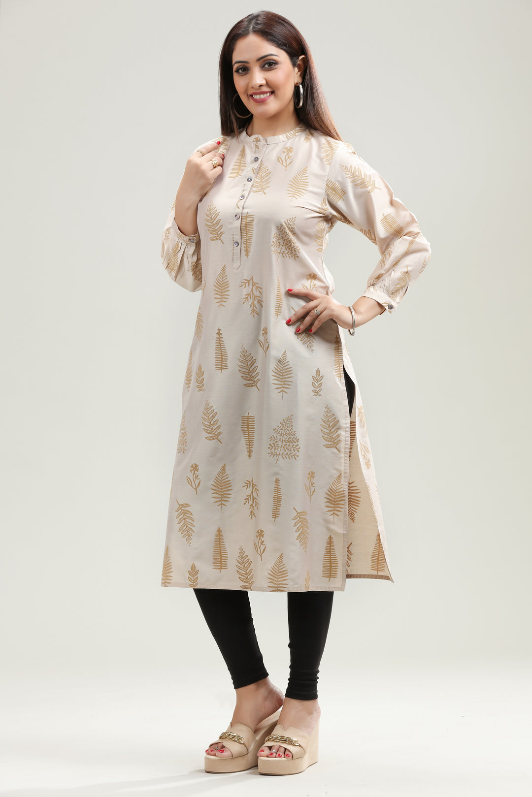 Off White PolySIlk Straight Printed Kurta