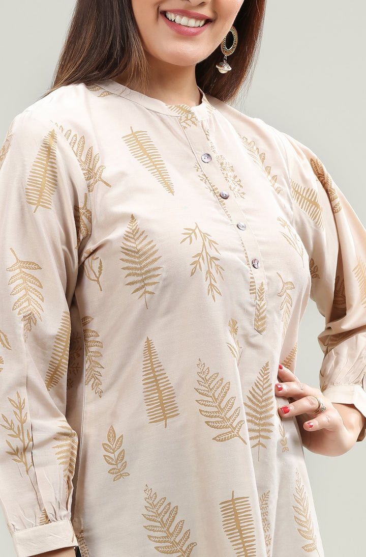 Off White PolySilk Straight Printed Short Kurta