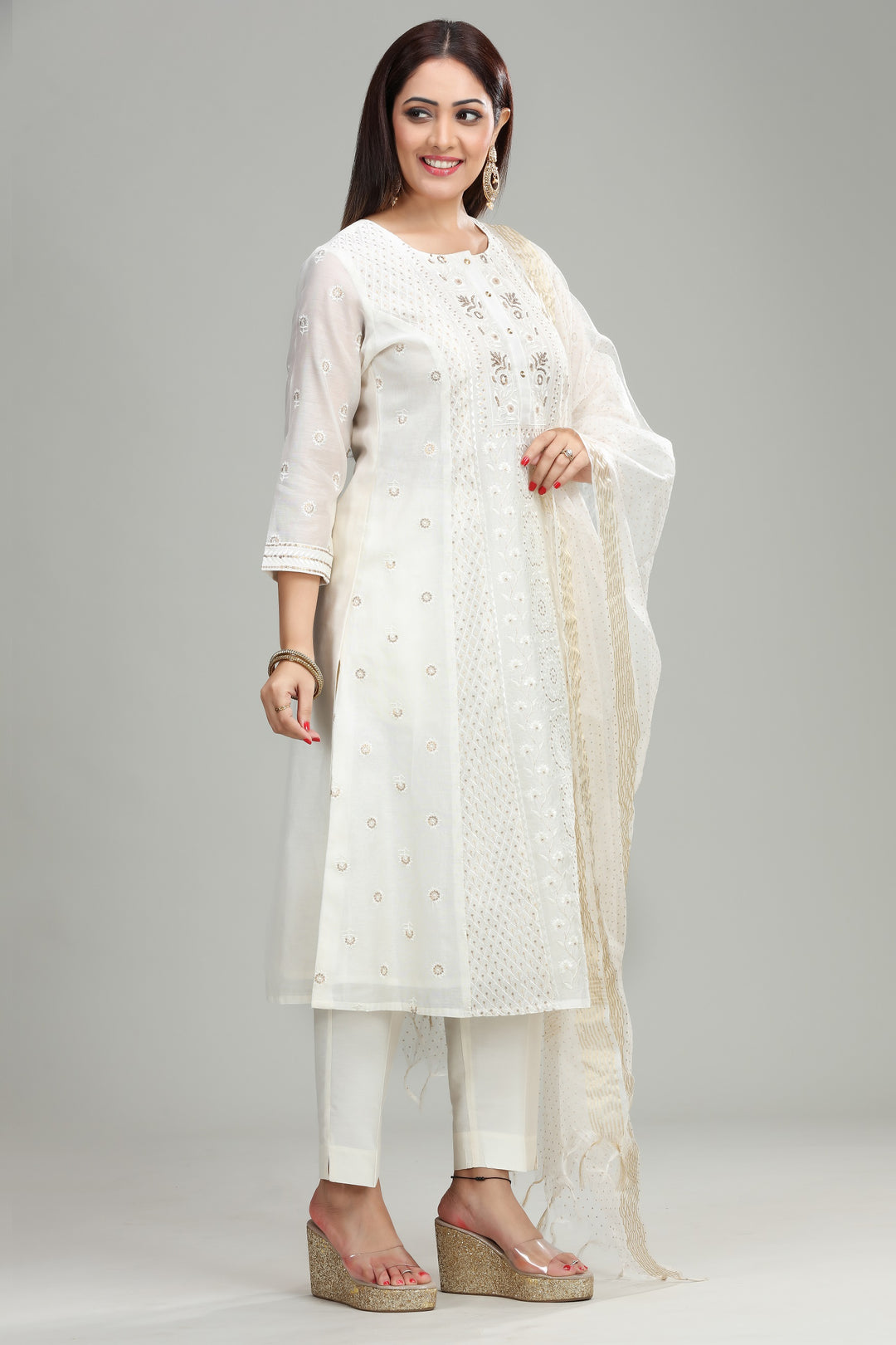 Off White Chanderi A Line Embroidered Kurta Pant Suit Set