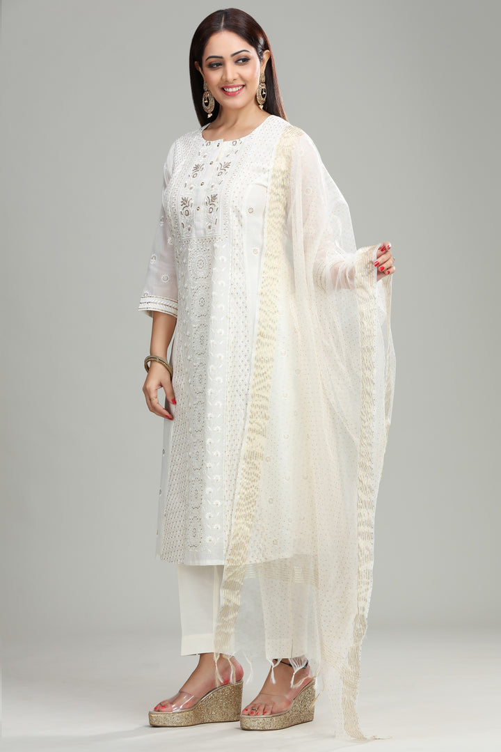 Off White Chanderi A Line Embroidered Kurta Pant Suit Set