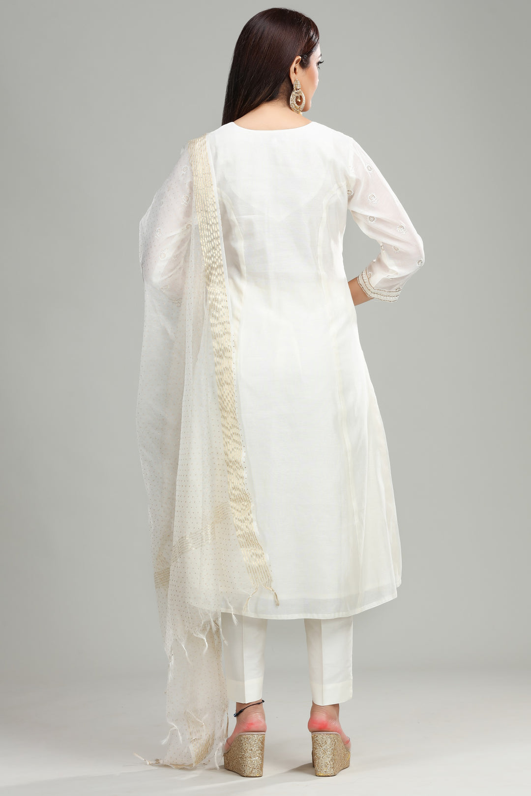 Off White Chanderi A Line Embroidered Kurta Pant Suit Set