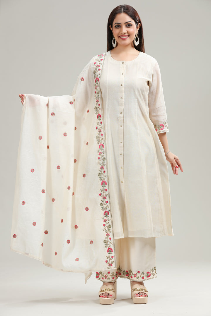 Off White Chanderi A Line Embroidered Kurta Pant Suit Set