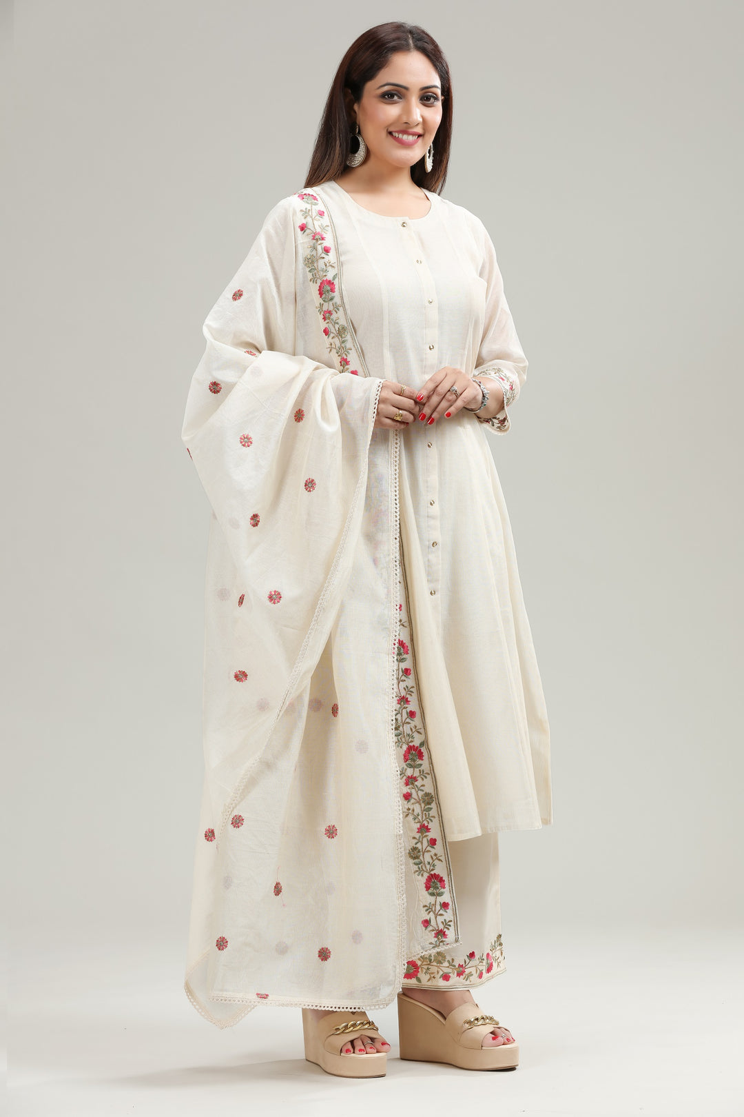 Off White Chanderi A Line Embroidered Kurta Pant Suit Set