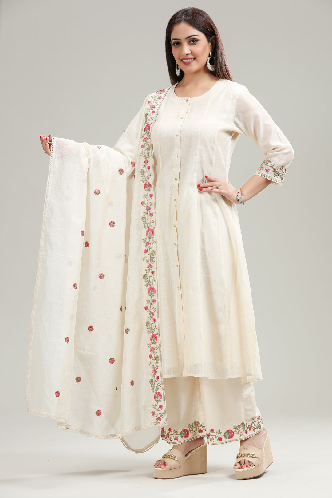 Off White Chanderi A Line Embroidered Kurta Pant Suit Set