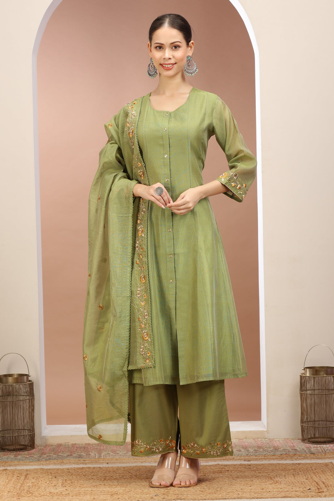 Pista Green Chanderi A Line Embroidered Kurta Pants and Dupatta Set