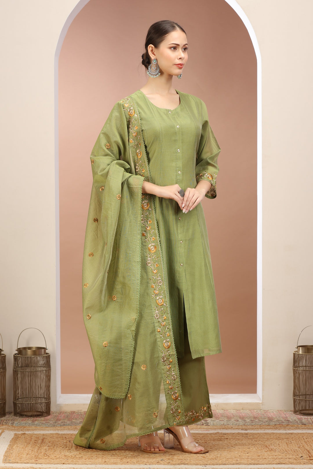 Pista Green Chanderi A Line Embroidered Kurta Pants and Dupatta Set