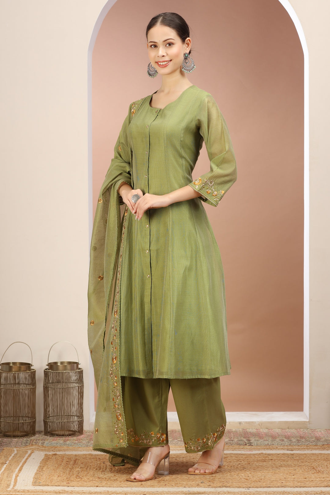 Pista Green Chanderi A Line Embroidered Kurta Pants and Dupatta Set