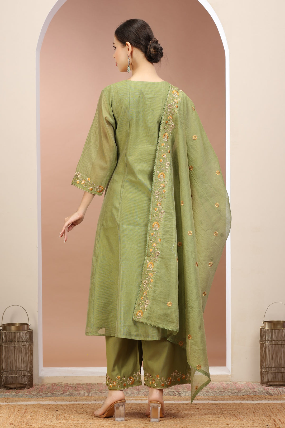 Pista Green Chanderi A Line Embroidered Kurta Pants and Dupatta Set