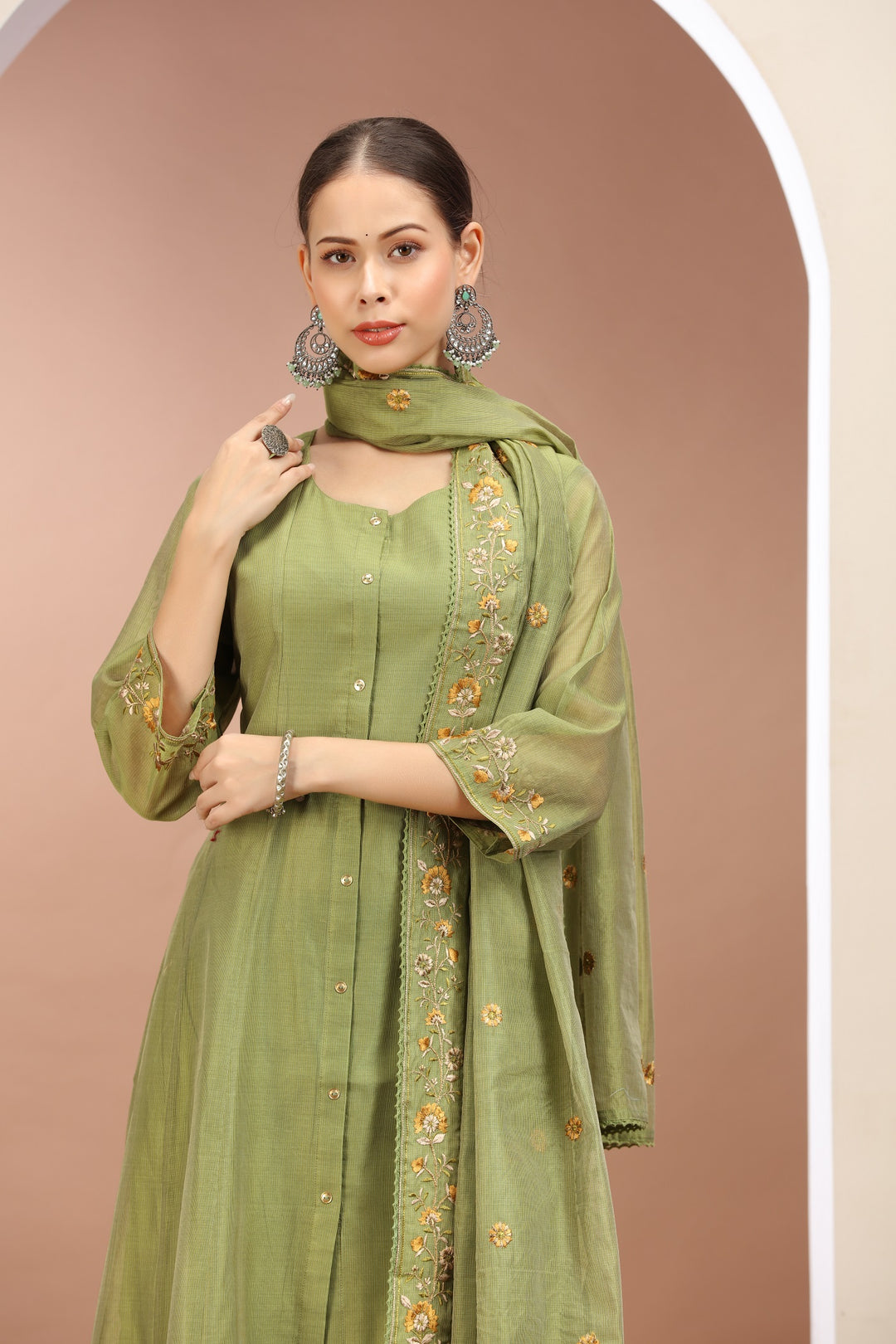 Pista Green Chanderi A Line Embroidered Kurta Pants and Dupatta Set