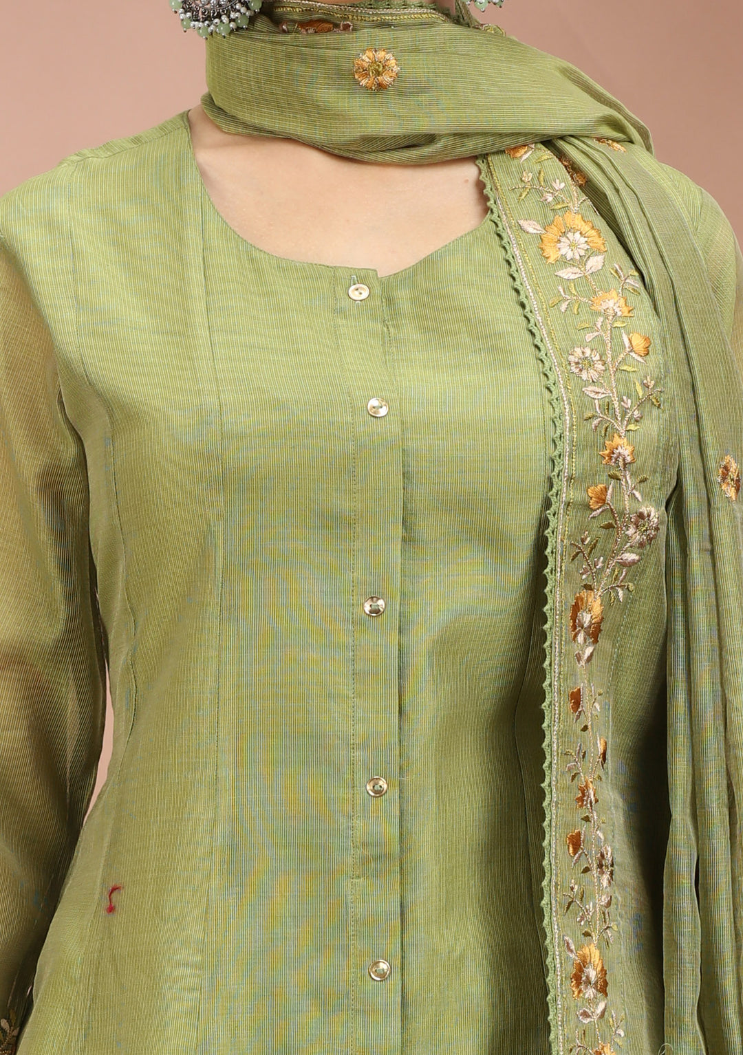 Pista Green Chanderi A Line Embroidered Kurta Pants and Dupatta Set