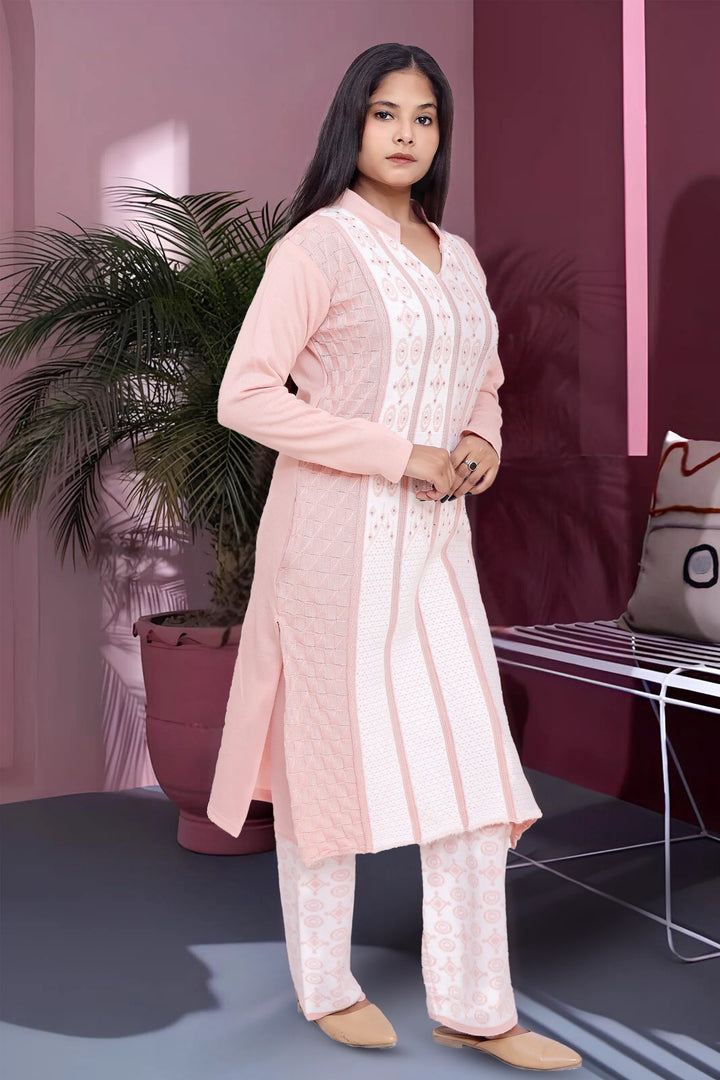 Light Pink Woven Design Wool Blend Straight Kurta Pant Co ord Set