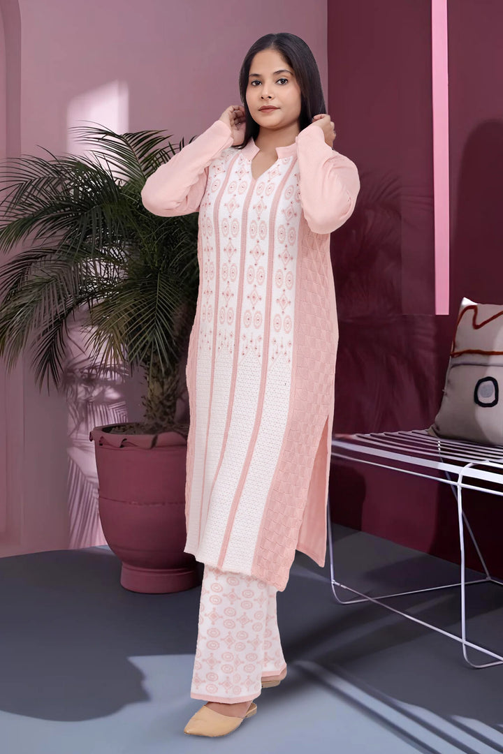 Light Pink Woven Design Wool Blend Straight Kurta Pant Co ord Set