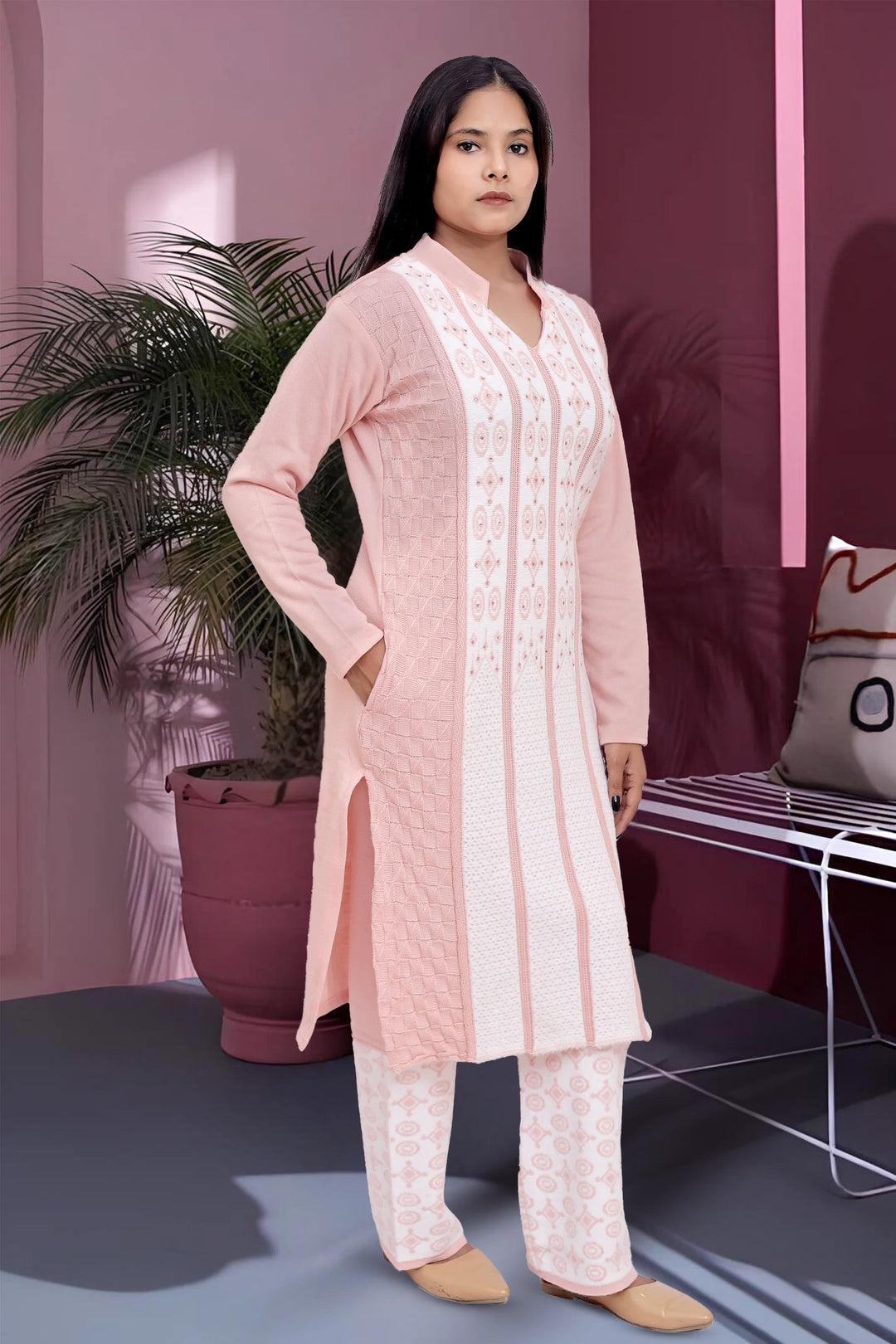 Light Pink Woven Design Wool Blend Straight Kurta Pant Co ord Set