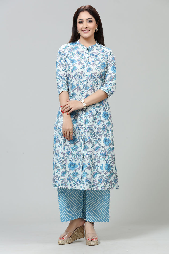 Off White & Sky Blue Jaipuri Cotton A Line Printed Kurta Pant Co ord Set