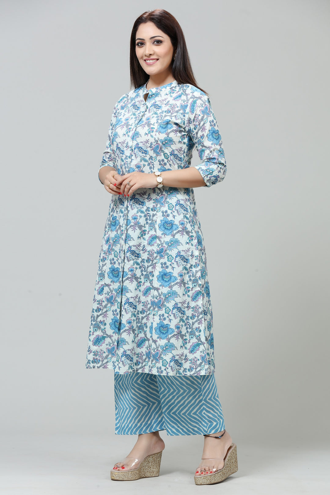 Off White & Sky Blue Jaipuri Cotton A Line Printed Kurta Pant Co ord Set