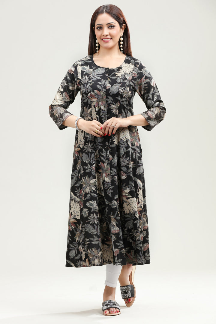 Black Rayon A Line Printed Kurta