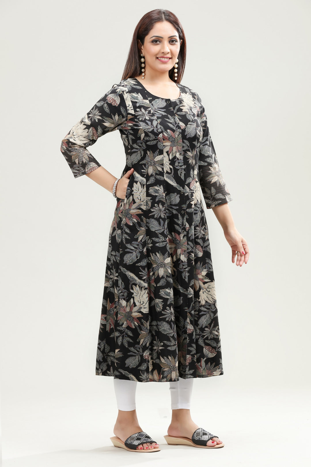 Black Rayon A Line Printed Kurta