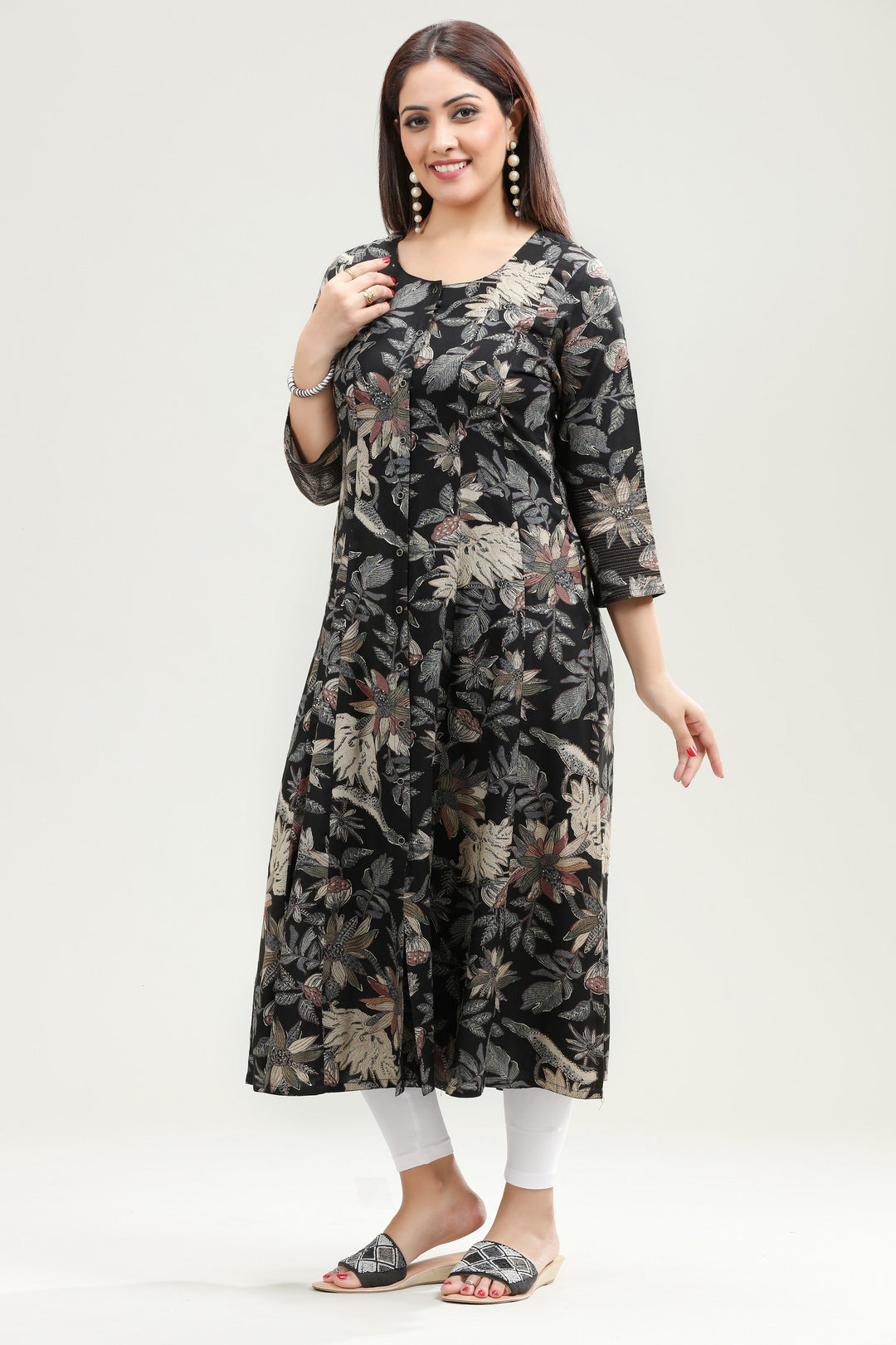 Black Rayon A Line Printed Kurta