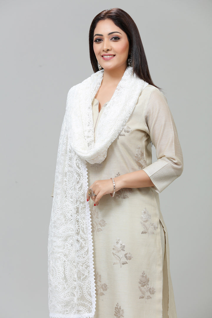 White Net Embroidered Dupatta