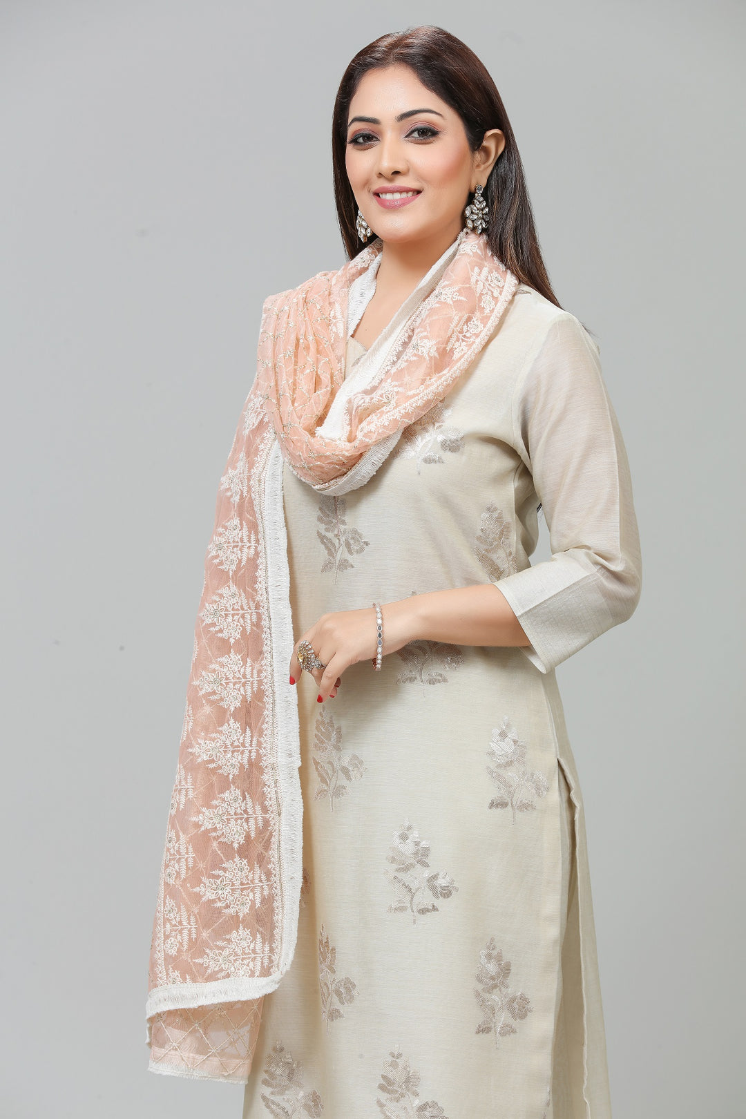 Light Orange Net Embroidered Dupatta