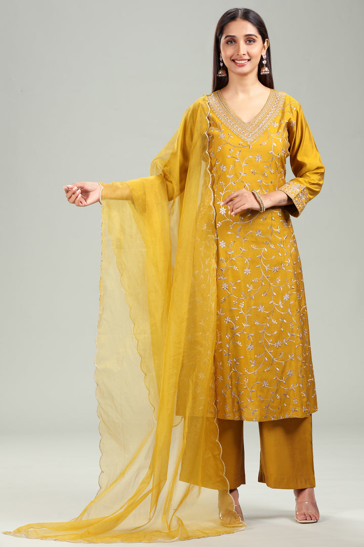 Mustard PolySilk A Line Embroidered Kurta Pant Suit Set