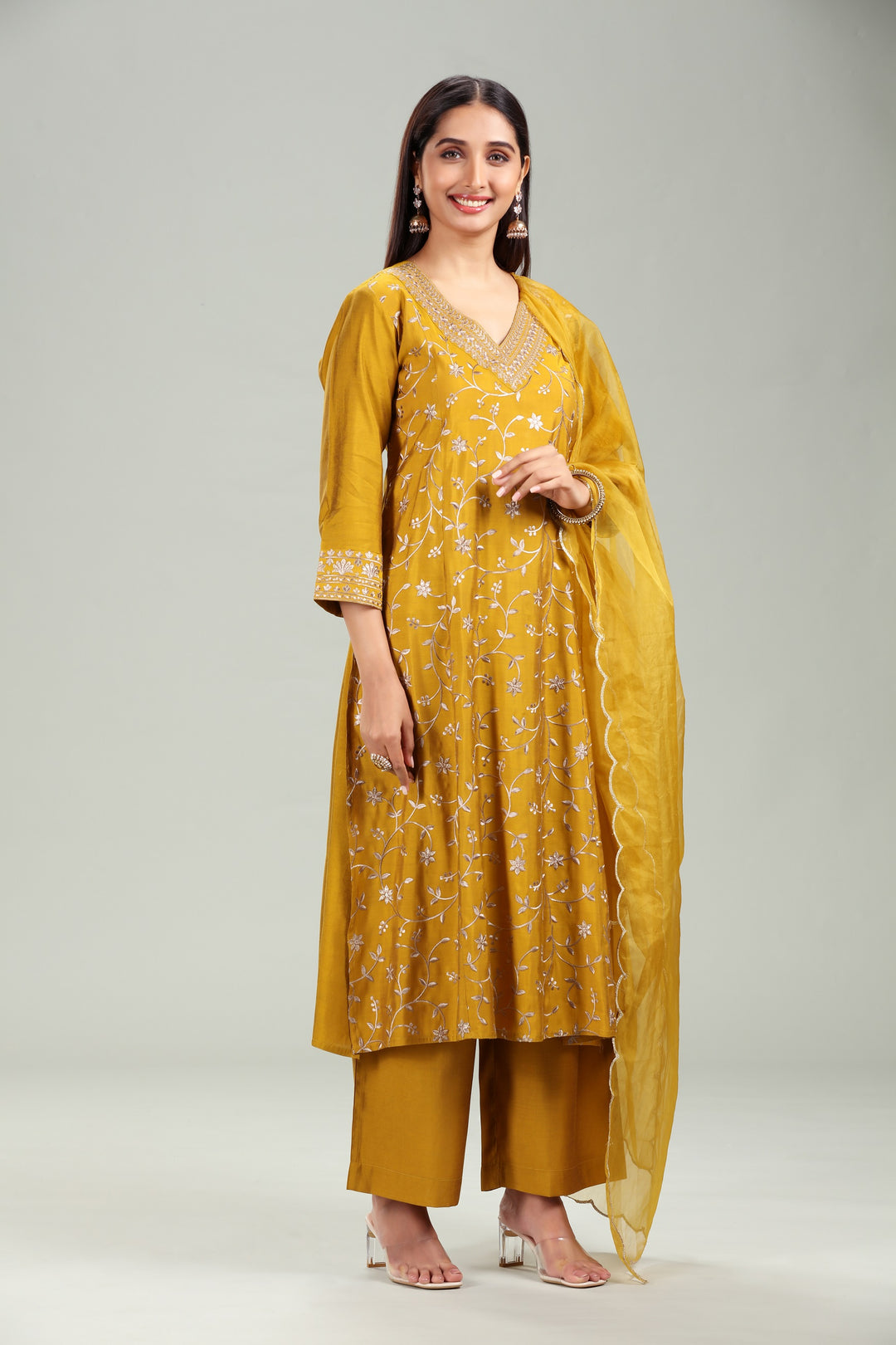 Mustard PolySilk A Line Embroidered Kurta Pant Suit Set