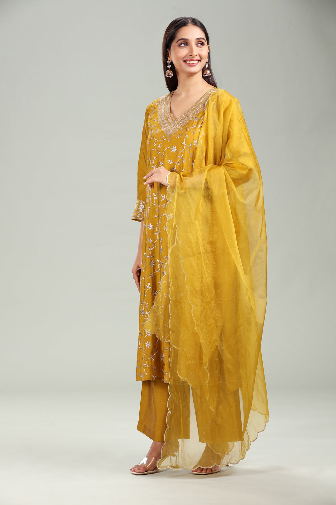 Mustard PolySilk A Line Embroidered Kurta Pant Suit Set