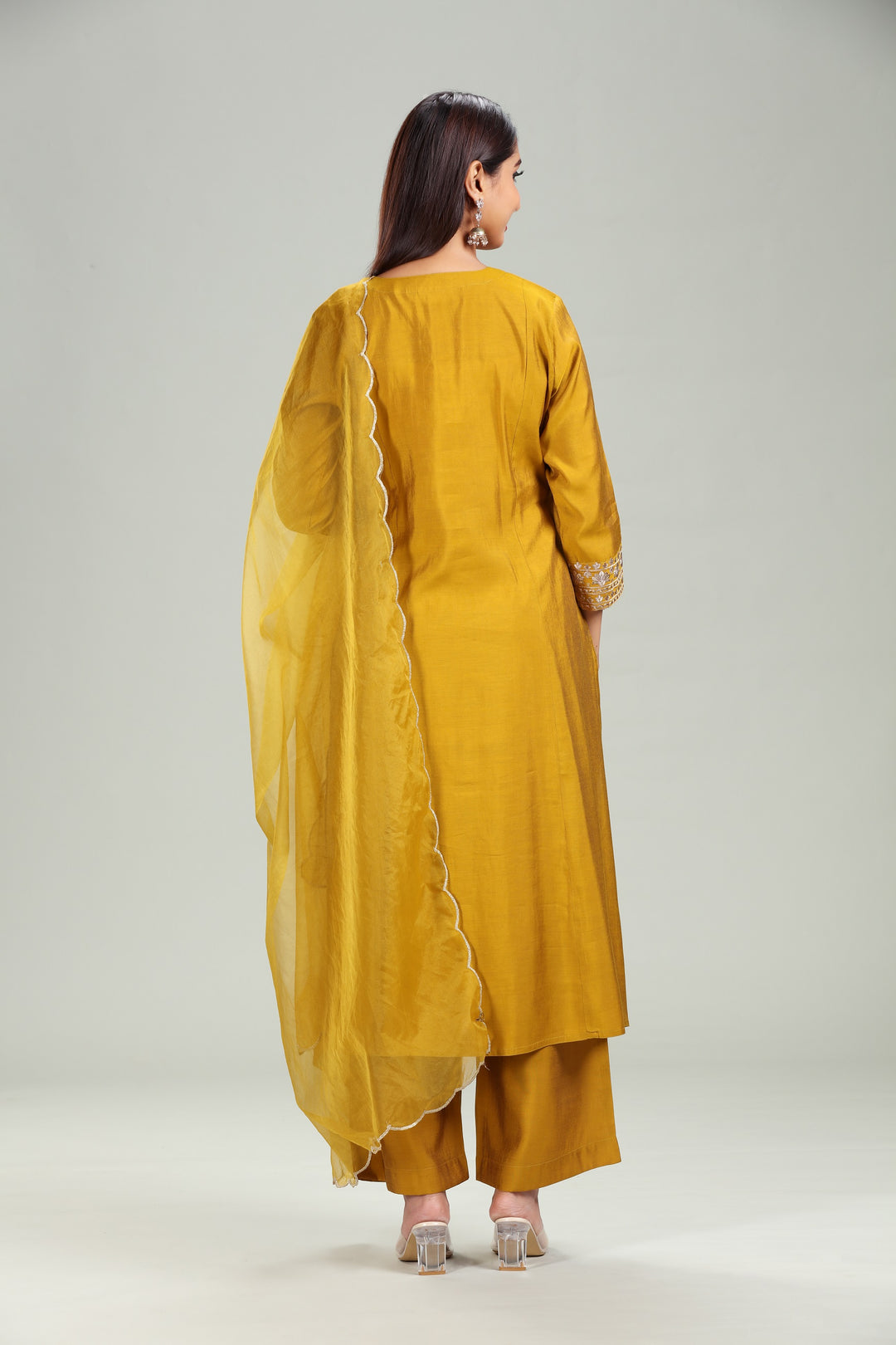 Mustard PolySilk A Line Embroidered Kurta Pant Suit Set