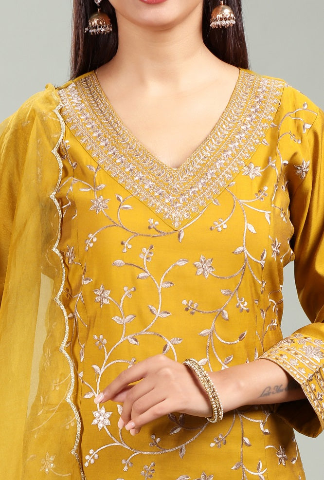 Mustard PolySilk A Line Embroidered Kurta Pant Suit Set