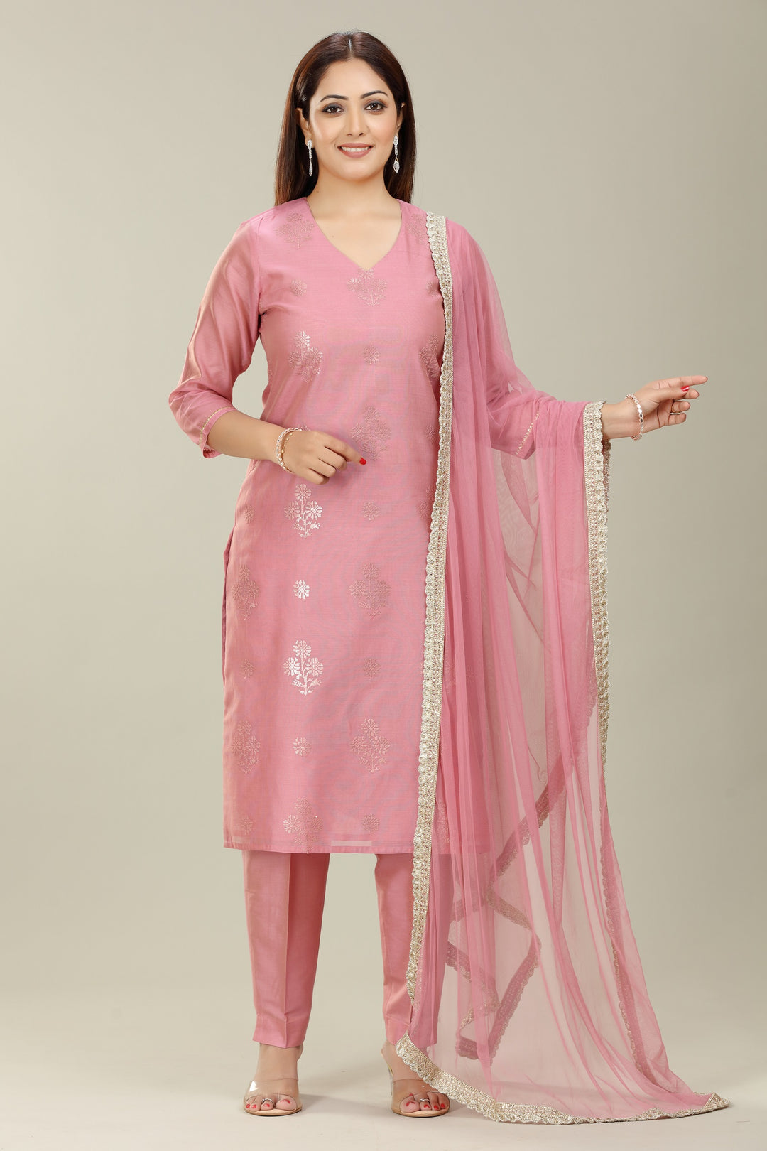 Peach Chanderi Straight Embroidered Kurta Pant Suit Set