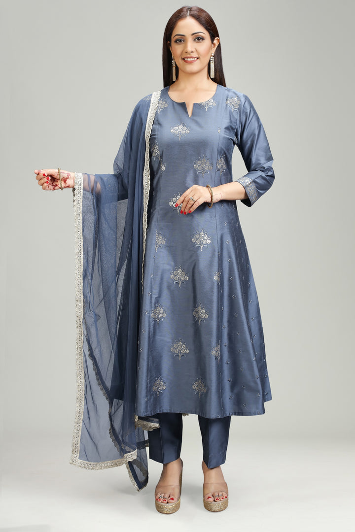 Stone Blue PolySilk A Line Embroidered Kurta Pant Suit Set