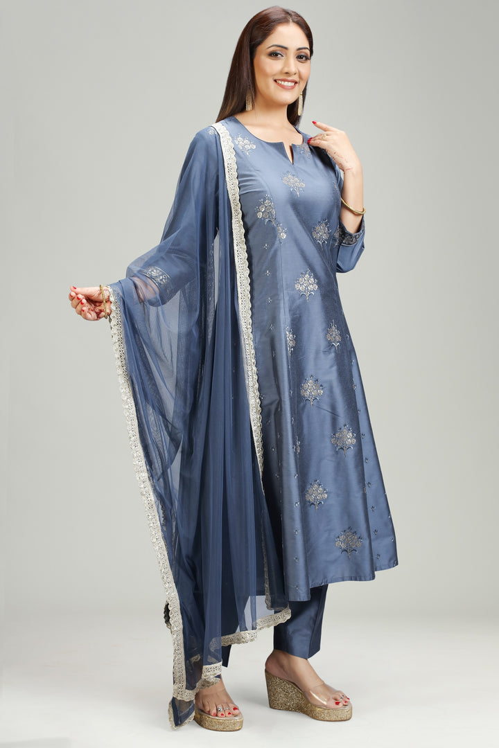 Stone Blue PolySilk A Line Embroidered Kurta Pant Suit Set