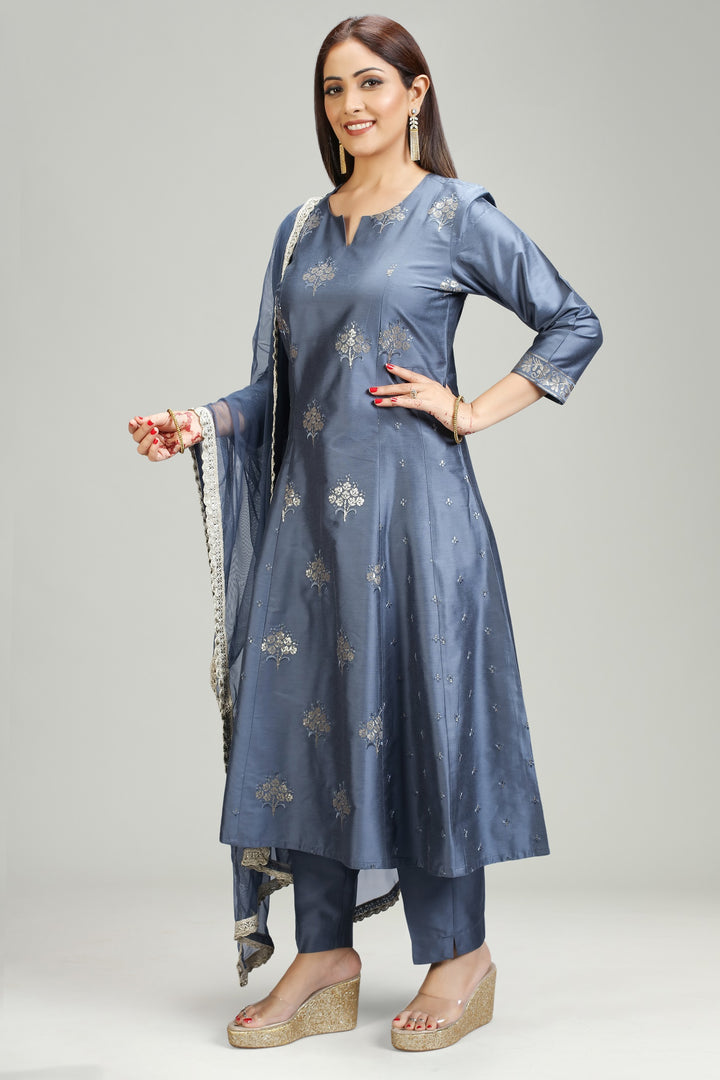 Stone Blue PolySilk A Line Embroidered Kurta Pant Suit Set