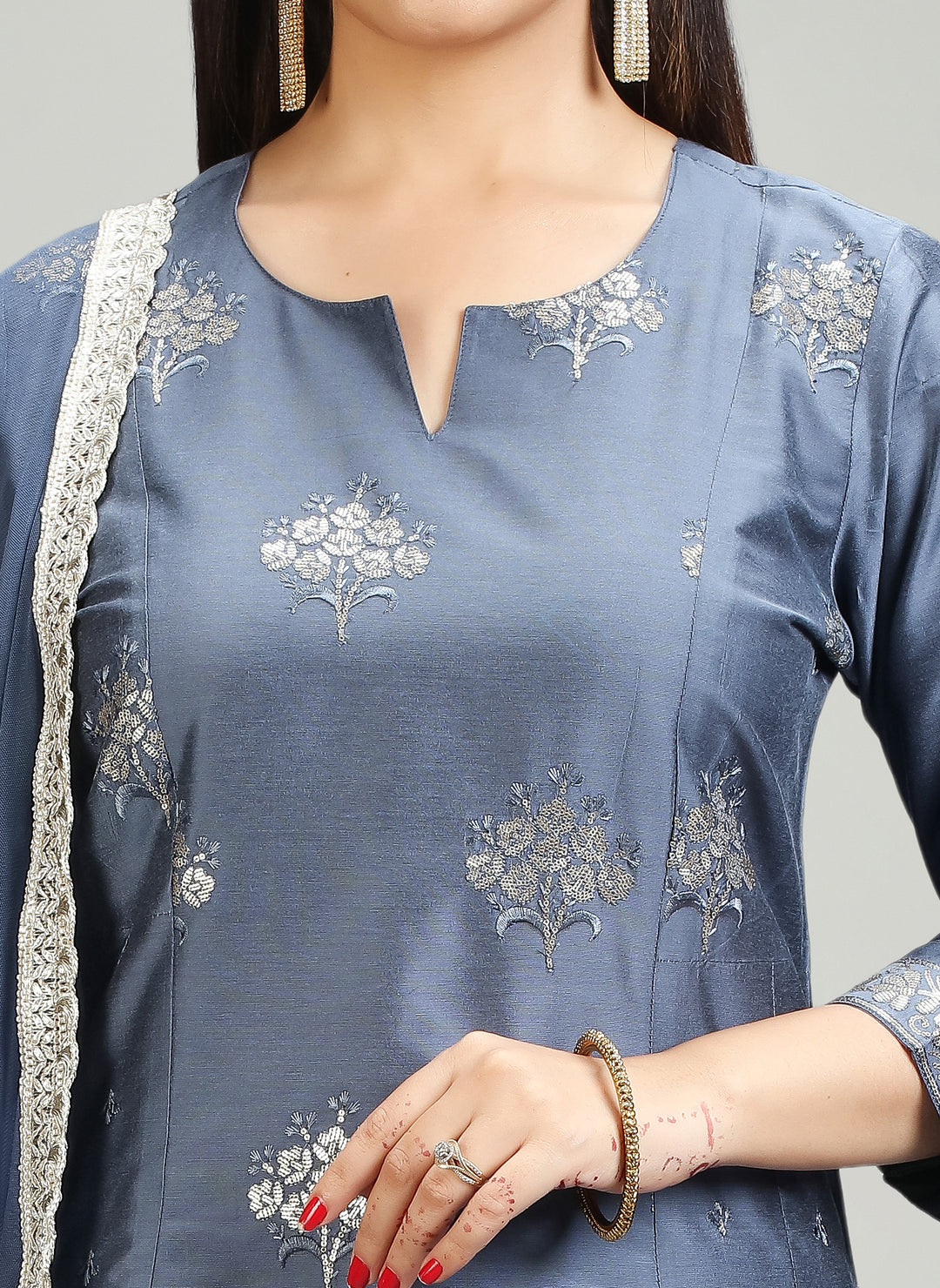 Stone Blue PolySilk A Line Embroidered Kurta Pant Suit Set