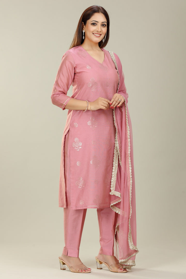 Peach Chanderi Straight Embroidered Kurta Pant Suit Set