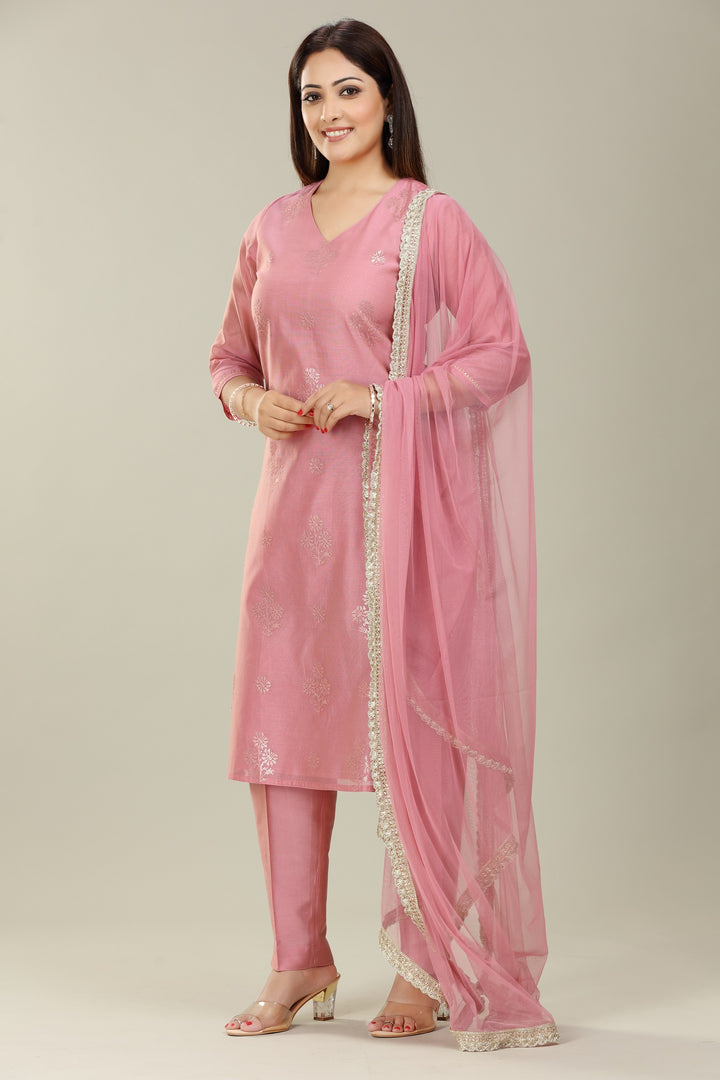 Peach Chanderi Straight Embroidered Kurta Pant Suit Set