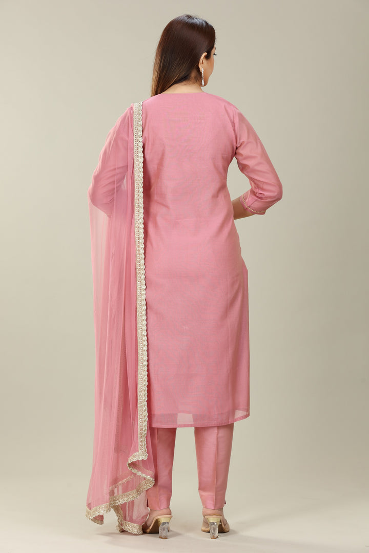 Peach Chanderi Straight Embroidered Kurta Pant Suit Set