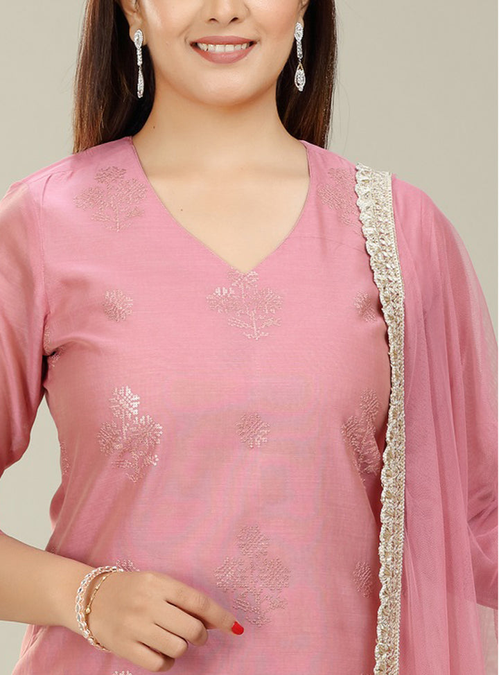 Peach Chanderi Straight Embroidered Kurta Pant Suit Set