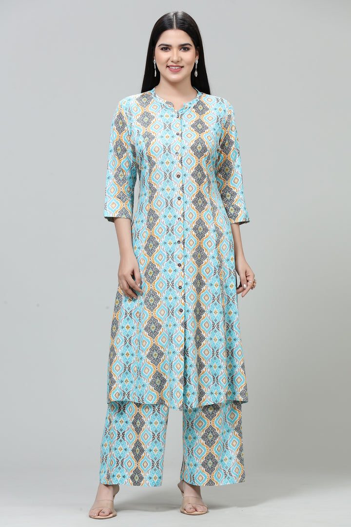 Sky Blue Poly Silk Straight Printed Kurta Pant Co ord set